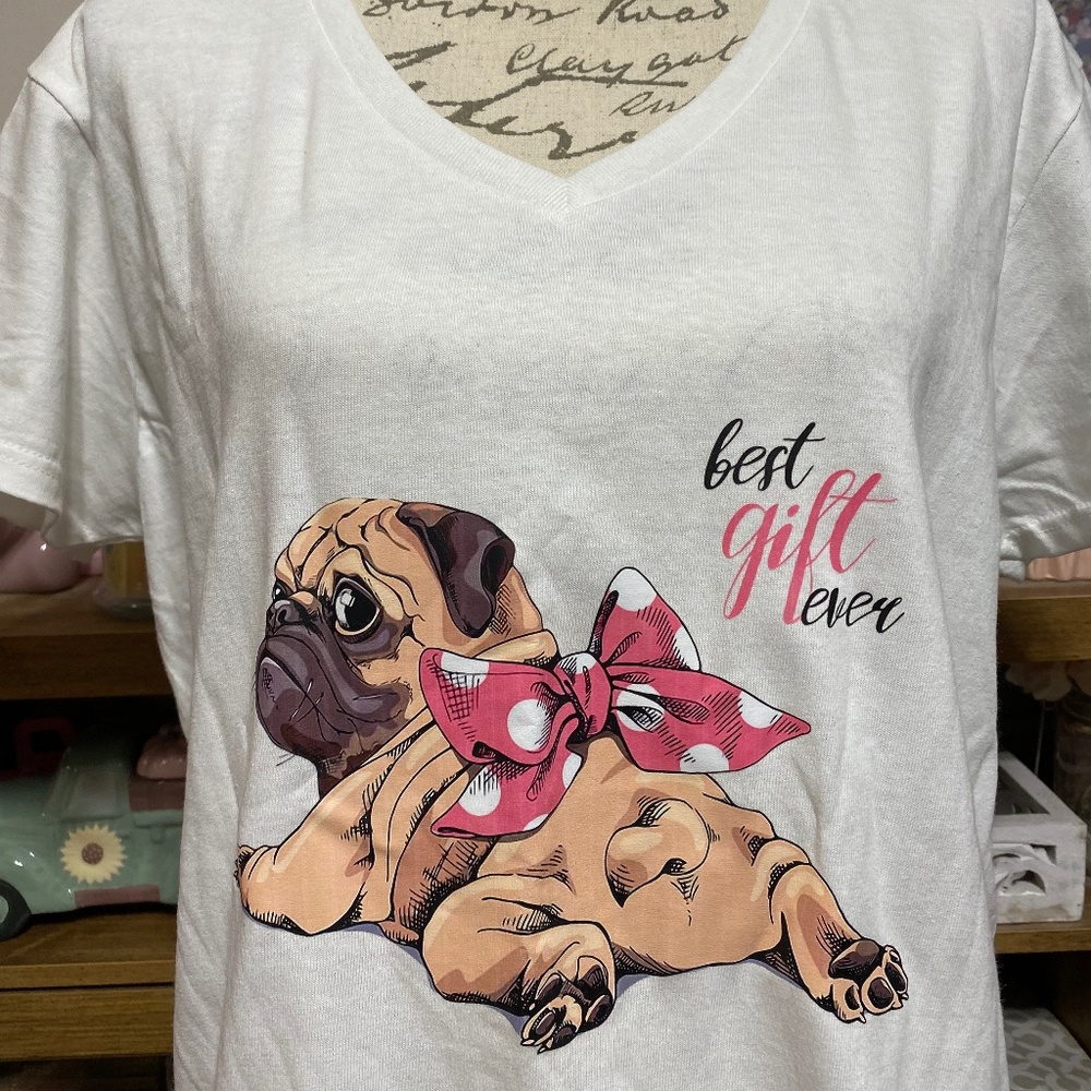 Women's Girl White Adorable Pug Dog Puppy T-Shirt